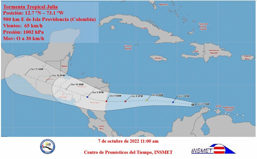 Tropical storm Julia forms in the central Caribbean Sea