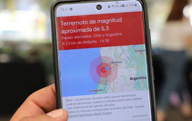 Strong quake hits Argentina and Chile; no casualties or material damages were reported