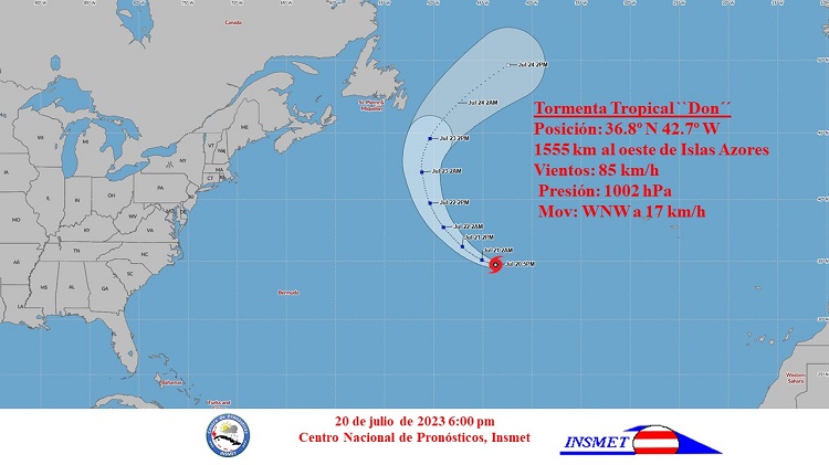 Tropical Storm Don slightly strengthens in the North Atlantic