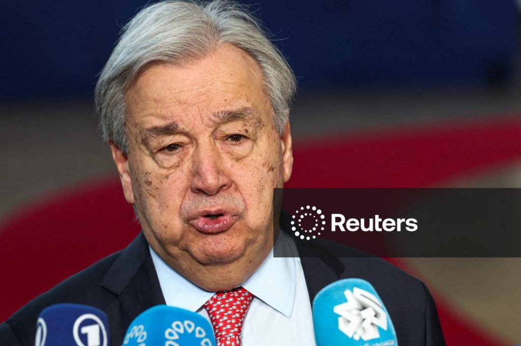 United Nations Secretary-General Antonio Guterres spoke to the press on the day of a European Union leaders' summit in Brussels, Belgium March 19, 2026. REUTERS/Yves Herman